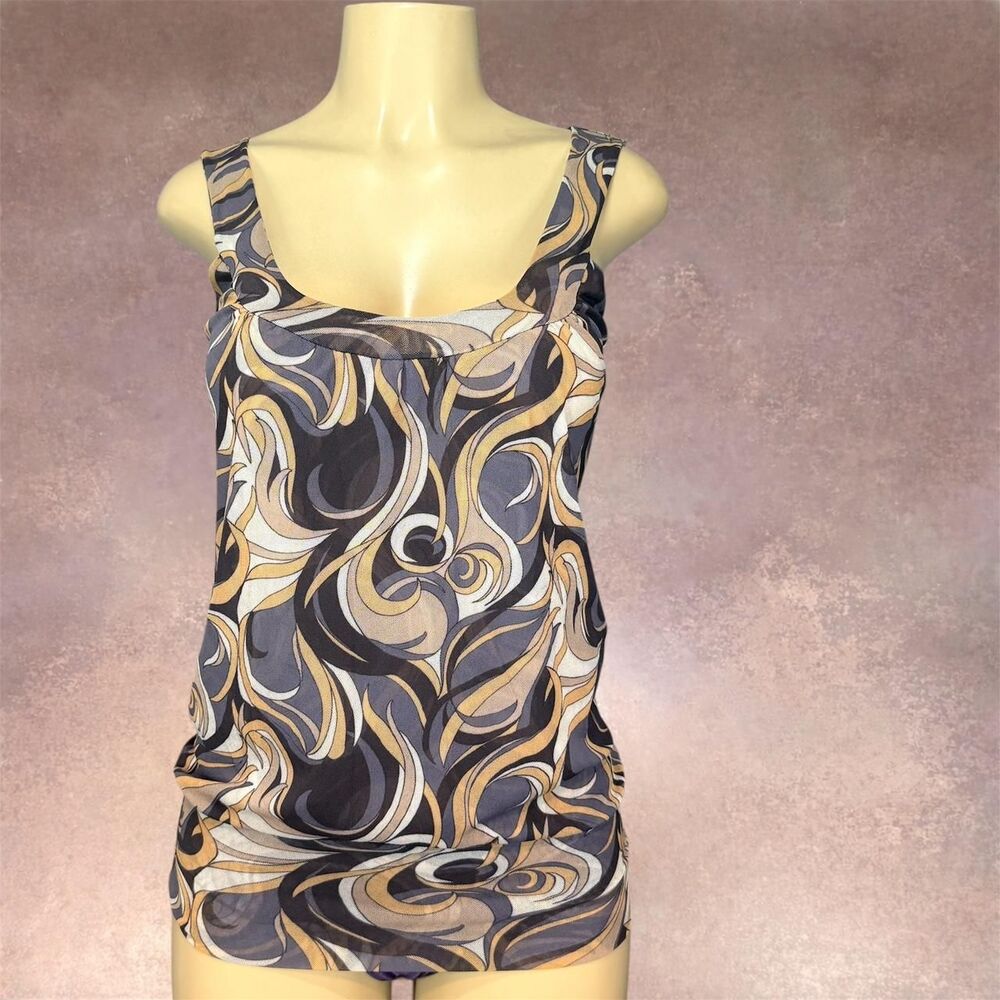 Sweet Pea Stacy Frati Mesh Cami Tank Top Ruched Purple Tan Swirl Print Stretch M